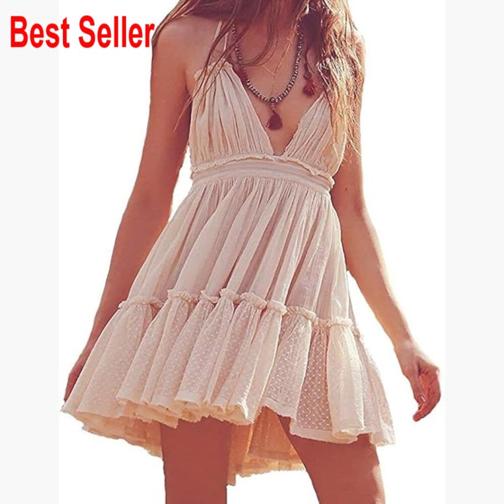 Polyester Mesh Deep V Neck Backless Mini Dress Wi… - image 1